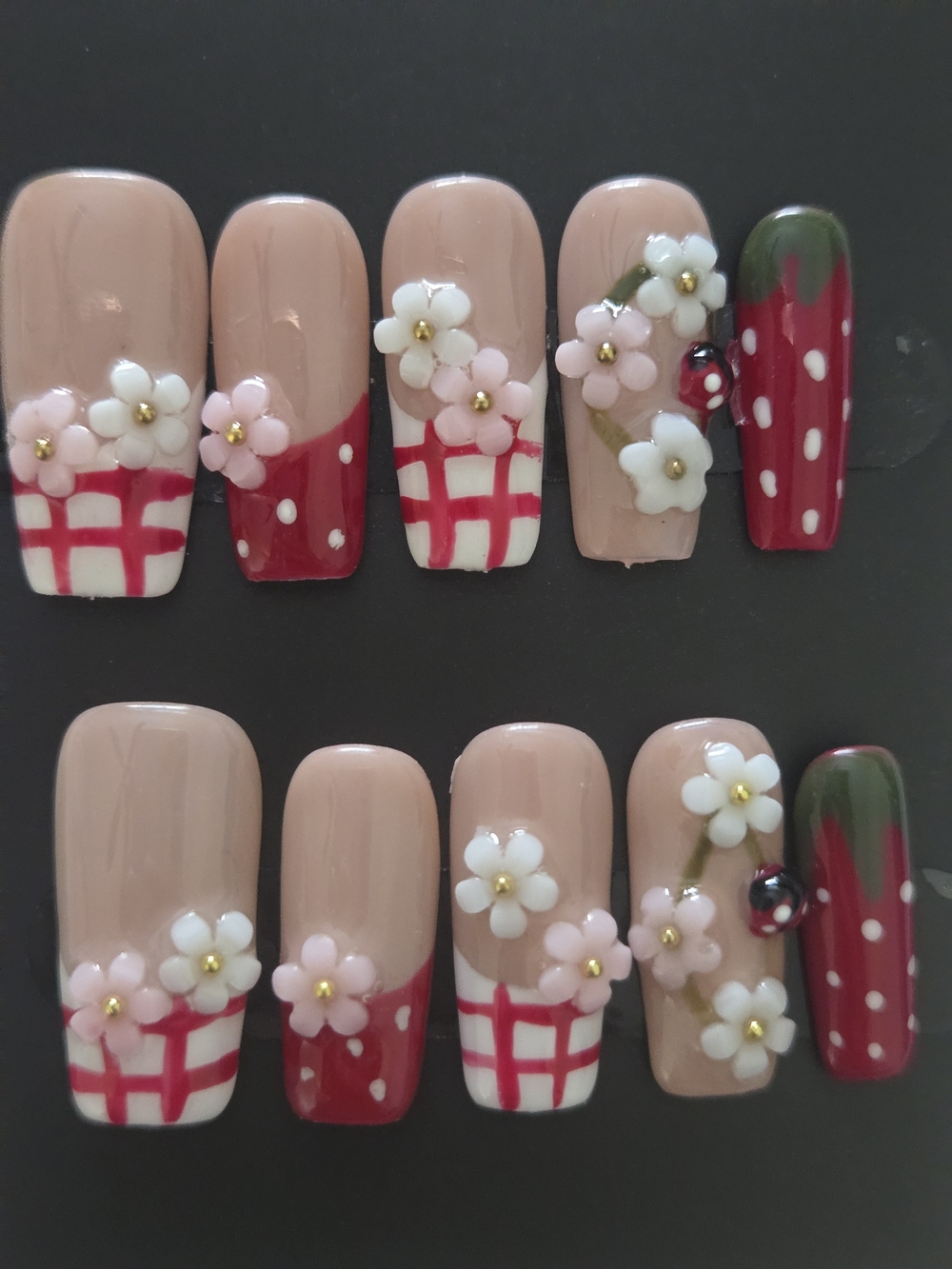Nude Pink Floral 3D Press-On Nails with Red Check & Strawberry & Lady Bug Accent